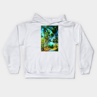 Scene from Sirolo with fenced gravelly road, tall trees, sky and sea Kids Hoodie